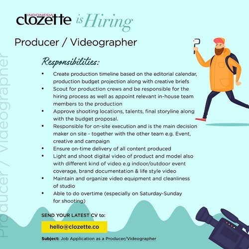 We’re looking for Producer/Videographer to join #ClozetteID family. If you think you meet all the requirements, then you are the candidate we are looking for!Send your CV via email to hello@clozette.co and tell us why you’re the one!