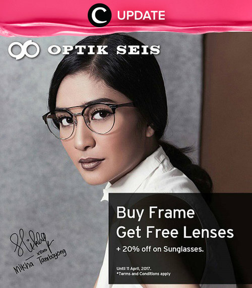 Setiap beli frame di Optik Seis, bisa gratis lensa! Selain itu, ada promo tambahan 20% juga lho untuk pembelian sunglasses. Promo ini berlaku hingga 11 April 2017 saja so hurry up! Jangan lewatkan info seputar acara dan promo dari brand/store lainnya di Updates section.