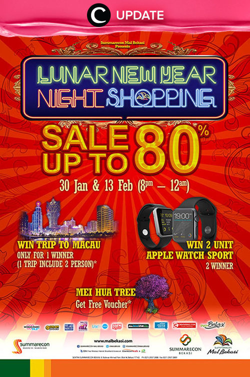Catat tanggalmu karena tanggal 13 Februari ini Summarecon Mall Bekasi mengadakan Lunar New Year Night Shopping dengan diskon hingga 80%! Jangan lewatkan info seputar acara dan promo dari brand/store lainnya di sini http://bit.ly/ClozetteUpdates