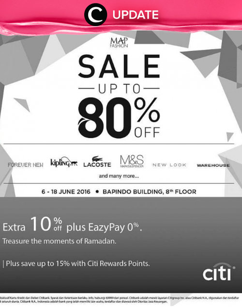 Sale hingga 80% dalam MAP Bazaar di Bapindo Building lantai 8! Acara ini berlangsung tanggal 6-18 Juni 2016. Jangan lewatkan info seputar acara dan promo dari brand/store lainnya di sini http://bit.ly/ClozetteUpdates