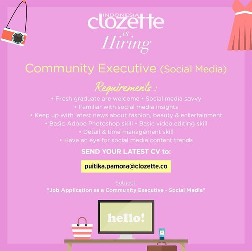 Enggak cuma tim kreatif, Clozette juga sedang buka lowongan untuk bergabung di Community Team, lho. Kalau yang ini pas banget kalau kamu suka mengelola dan menciptakan konten menarik untuk media sosial!.#ClozetteID