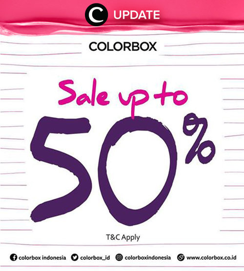 Colorbox sale up to 50% off! Promo ini berlaku hinga 31 Agustus 2016 dengan syarat dan ketentuan yang berlaku. Jangan lewatkan info seputar acara dan promo dari brand/store lainnya di Updates section pada Clozette App.