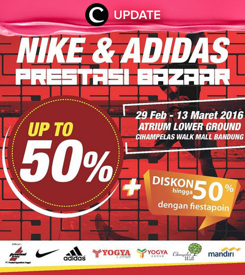 Jangan sampai kelewatan NIKE diskon hingga 50% di NIKE Prestasi Bazaar 29 Februari-13 Maret 2016 Cihampelas Walk Bandung! Jangan lewatkan info seputar acara dan promo dari brand/store lainnya di sini http://bit.ly/ClozetteUpdates.