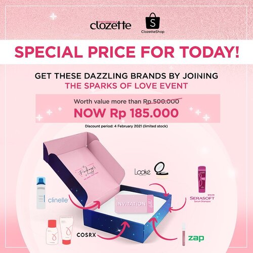 Siapa yang sudah beli The Sparks of Love box? Untuk yang belum, bisa langsung check out hari ini! Karena ada diskon tambahan dengan redeem voucher Rp30.000 di ClozetteShop HANYA UNTUK HARI INI, harganya menjadi Rp185.000 (limited stock)! Kalian akan mendapatkan banyak produk seperti skincare dan makeup worth more than Rp500.000 serta invitation untuk join The Sparks of Love event tanggal 11 Februari 2021 via Zoom. Kamu bisa ngobrol seputar astrology dan ikut beauty session.How to buy?-> Buka ClozetteShop di Shopee bit.ly/SparksOfLove (LINK ON BIO) -> Ikuti PO Sparkling Box dan redeem voucher toko ClozetteShop-> CheckoutUntuk kamu yang mau dapatkan free ongkir, tonton IG live Shopee hari ini jam 15.00 WIB, yuk! Let's create memories and express your love with a set of happiness!#ClozetteID #TheSparksofLove