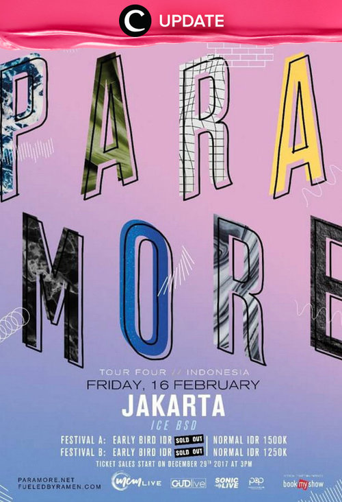 Jangan sampai kelewatan Paramore concert in Jakarta! Kamu dapat lihat infonya pada bagian "Premium" di aplikasi Clozette. Bagi yang belum memiliki Clozette App, kamu bisa download di sini http://bit.ly/app-clozetteupdate. Jangan lewatkan info seputar acara dan promo dari brand/store lainnya di Updates section.