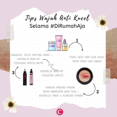 Yang #dirumahaja boleh nih pakai make up tipis biar tetap fresh menjalani hari. Walaupun di rumah aja, jangan biarin wajah kamu terlihat kucel. Wajah yang fresh bikin kamu semangat kerja, lho! Caranya simple banget : . *Pertama pakai morning skin care kamu, mulai dari moisturizer, sunblock, serum dan lain-lain seperti biasanya.. *Kedua, setelah beberapa saat pakai skin care, agar bare face kamu ter-cover, sebaiknya gunakan pressed powder. Kamu bisa pakai rekomendasi Clozette Crew nih : Australis Fresh & Flawless Pressed Powder yang merupakan 2-in-1 foundation and compact powder. Formula 2-in-1 membuat make up kamu lebih cover dan lebih stay.. *Terakhir, pakai setting spray! Ini step paling terakhir setelah make up kamu selesai ya. Favorit Clozette Crew ada 2 nih: Australis Make-Up Finishing Spritz yang diformulasikan dengan rose water dan aloe vera untuk menjaga kelembapan kulit dan Australis Make-Up Finishing Spritz Matte yang menghasilkan finishing matte namun tetap terlihat fresh.Beauty brand terkemuka asal Australia ini sekarang available di Indonesia. Produk-produknya yang vegan dan 100% cruelty free kini sudah bisa kamu dapatkan 24/7 at online store @sociolla (https://www.sociolla.com/682_australis) dan offline store di Sogo Kota Kasablanka. Kamu juga berkesempatan untuk ikutan ikut giveaway & memenangkan produk Australis senilai Rp500.000, lho! Caranya gampang, follow Instagram @australiscosmetics_id Jangan lupa pakai hastag #loveAustralis #AustralisID.Cek info lengkap tentang giveaway di premium section aplikasi Clozette Indonesia yang bisa kamu download di Google Play & App Store.#ClozetteID  #loveAustralis #AustralisID #Giveaway