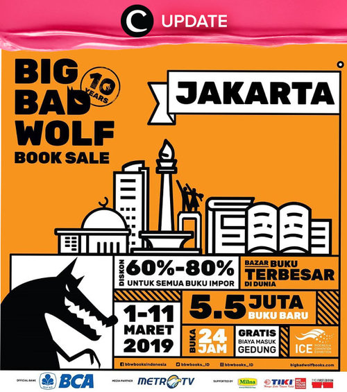 Calling all book lovers! Big Bad Wolf  book sale hadir lagi di Jakarta dengan berbagai buku yang diskon 60%-80%! Lihat info lengkapnya pada bagian Premium Section aplikasi Clozette. Bagi yang belum memiliki Clozette App, kamu bisa download di sini https://go.onelink.me/app/clozetteupdates. Jangan lewatkan info seputar acara dan promo dari brand/store lainnya di Updates section.