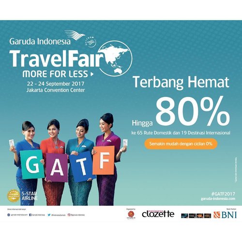Get your @garuda.indonesia tickets with the best price on Garuda Indonesia Travel Fair 2017 Phase 2! Acara ini akan diadakan tanggal 22-24 September 2017 di Jakarta Convention Center http://bit.ly/clz-gatf17

#ClozetteID