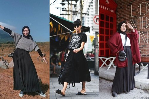 7 Inspirasi Rok Plisket Hitam dan Kaus yang Simpel Tapi Stylish, Termasuk untuk Hijaber