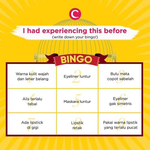 Pengalaman buruk apa yang pernah kamu alami dengan makeup nih, Clozetters?Yuk tulis di kolom komentar urutan angka-angka dari kejadian yang pernah kamu alami & jangan lupa tulis BINGO! kalau berhasil ya 😊#ClozetteID