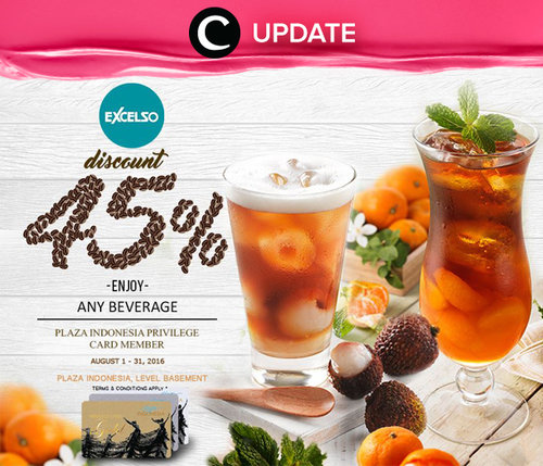 Excelso discount 45% for any beverage hingga 31 Agustus 2016. Syarat dan ketentuan berlaku. Jangan lewatkan info seputar acara dan promo dari brand/store lainnya di Updates section pada Clozette App.