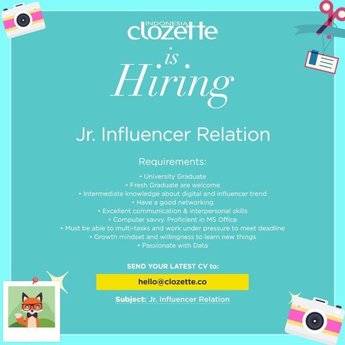 Apabila kamu jago networking dan tertarik dengan dunia influencer, mungkin kamu adalah kandidat yang kami cari! Submit CV kamu ke hello@clozette.co dengan subyek “Jr. Influencer Relation” paling lambat 1 Maret 2019..#clozetteid