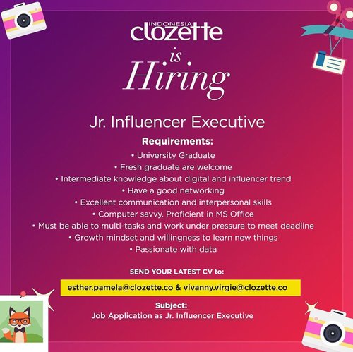 If you have a good knowledge about digital and influencers, and networking is your speciality, you might be the one we are looking for! Yuk, segera kirim CV terbaru kamu ke alamat email yang tertera..#ClozetteID #Vacancy #JobVacancy #Lowongan #LowonganKerja #LowonganKerjaJakarta