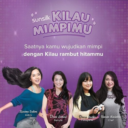 @SunsilkID mengajak seluruh perempuan Indonesia untuk menuliskan impian dan mewujudkan dalam Kilau Mimpi Sunsilk. Yuk, tunjukkan kilau rambut indahmu dan gapai impian sekarang juga. Caranya mudah: 1. Kunjungi http://kilau.sunsilk.co.id/ 2. Pilih salah satu bidang mimpimu 3. Sebutkan Langkah Awal untuk Mencapai Mimpimu 5. Submit impianmu kepada Sunsilk. #KilauMimpimu #ClozetteID
