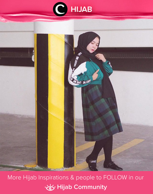 Bomber jacket with side stripes, plaid skirt, and loafers. inspirasi gaya Hijab dari para Clozetters hari ini di Hijab Community. Image shared by Clozette Ambasasdor @mellarisya. Yuk, share juga gaya hijab andalan kamu