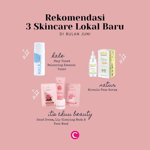 Ini dia pendatang baru di bulan Juni!​.​Bagi kamu yang merasa kulitnya kering, boleh nih, lirik produk terbaru @think.hale yang satu ini. Diklaim bebas pewangi, alkohol, potentially irritating plant extract/oil, & paraben, HALE Stay Toned Balancing Essence Toner merupakan produk 2 in 1 yang dapat menghidrasi, menutrisi, mencerahkan dan menjaga level pH kulit.​.Produk selanjutnya, dalam rangka ulang tahunnya, @backtonatur merilis Miracle Face Serum yang terdiri dari 3 varian: Renew Skin Serum dengan kandungan ginseng dan probiotic, Brightening Serum dengan kandungan vitamin c dan sour lime, Calming Serum dengan kandungan cica dan witch hazel.​.​Last but not least, ada brand skincare lokal baru dengan tema super menggemaskan, @itschuu.id yang akan merilis 4 produk pertamanya tanggal 20 Juni mendatang! Jenis produknya adalah Lip Sleeping Mask, Berry Milk Squeeze Mask, Cocoa Squeeze Mask dan Hand Cream.​.​Mana yang paling bikin kamu penasaran? Atau ada rekomendasi skincare lokal baru di bulan ini? Yuk, share di kolom komentar.​.​#ClozetteID #justforChuu #madeforChuu #itsforchuu #NATURSkincare