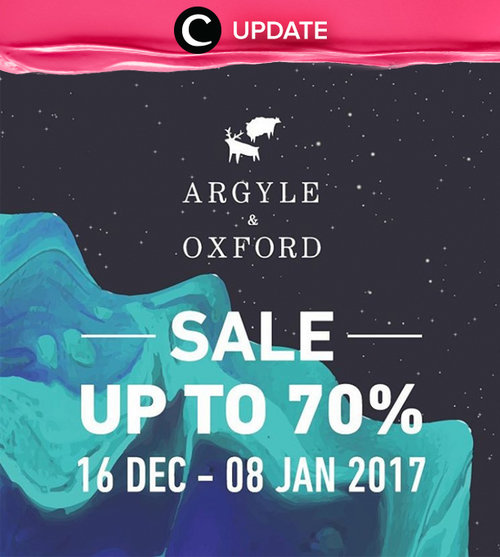 Sale up to 70% off untuk koleksi Argyle & Oxford di The Goods Dept. yang berlaku hingga 8 Januari 2017. Jangan sampai kelewatan, ya! Jangan lewatkan info seputar acara dan promo dari brand/store lainnya di Updates section.