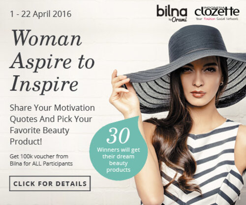 Great woman is always feel #AspireToInspire. Bilna by Orami http://www.bilna.com/ dan Clozette Indonesia ingin memberikan kado spesial berupa your own dream beauty product di bulan April ini untuk para Kartini modern Indonesia.Caranya mudah:1. Tulis quotes yang berisikan pesan untuk saling menginspirasi sesama wanita Indonesia.2. Pilih 1 produk kecantikan idamanmu di http://www.bilna.com/ dan share link produk kecantikan yang kamu pilih pada kolom komentar.3. Sertakan juga data diri kamu (nama lengkap &amp;amp;amp;amp; alamat email), ya.Komentar kami tunggu hingga 22 April 2016. Semua participant akan mendapatkan shopping voucher Rp 100.000 dengan kode voucher: BILNA-CLOZETTE. Kami juga akan memilih 30 Clozetters dengan quotes terbaik untuk mendapat dream beauty product.Good luck, Clozetters!