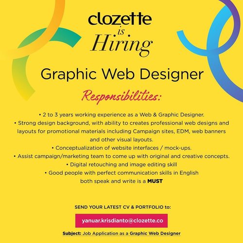 Clozette is hiring! Para graphic web designer berpengalaman yang di tahun 2020 ingin gabung jadi Clozette Crew, langsung kirim CV dan portofolio kamu ke email di atas, yuk..#ClozetteID