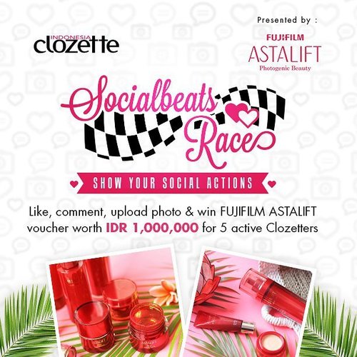 Perbanyak Socialbeats kamu di www.clozette.co.id untuk memenangkan voucher Fujifilm @astalift_indonesia senilai 1.000.000 rupiah untuk 5 pemenang, hanya dengan cara upload foto, like dan memberikan komentar sebanyak-banyaknya. 
Cek di sini untuk info lengkapnya: http://bit.ly/socialbeatrace  #ClozetteID