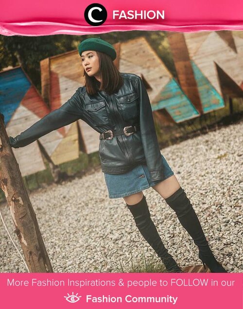 Weekend mood: leather jacket paired with denim skirt and over-the-knee boots! Image shared by Clozette Ambassador @wulanwu. Simak Fashion Update ala clozetters lainnya hari ini di Fashion Community. Yuk, share outfit favorit kamu bersama Clozette.