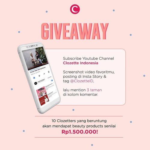 [GIVEAWAY ALERT]​.​Calling all beauty enthusiast! Clozette bakal bagi-bagi beauty product gratis untuk kamu yang beruntung, lho!​.​How to join:​- Subscribe youtube channel Clozette Indonesia​- Screenshot video favorit-mu, posting di instastory, dan jangan lupa tag @clozetteid​- mention 3 teman di kolom komentar dan ajak mereka mengikuti giveaway ini​.​10 pemenang yang beruntung akan mendapatkan beauty products senilai Rp1.500.000. Good luck, Clozetters! #ClozetteID