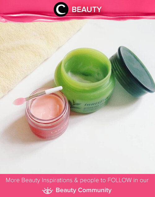 Ingin tidur lebih nyaman? Kamu bisa menggunakan Innisfree Green Tea Sleeping Mask dan Laneige Lip Sleeping Mask ini, Clozetters. Cukup gunakan 2-3 kali seminggu untuk melembutkan wajah dan bibirmu. Simak Beauty Update ala clozetters lainnya hari ini di Beauty Community. Image shared by Clozetter @melissatjia88. Yuk, share juga beauty product favorit kamu bersama Clozette.