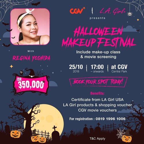 GUYS!!! Yuk ikutan beauty class sama akuu!! Temanya Halloween Fantasy Makeup😍

Disini kamu juga berkesempatan utk nonton bareng premier Halloween !!! Jadi kita nonton dulu baru blajar makeup, seruu bangett kannnn😍😍 Nahh, dipostingan kali ini aku dan @lagirlindonesia juga mau giveaway 5 tiket utk beauty class sm aku ini. 
Caranya:
1. Screenshots postingan ini, dan posting di feed serta ig story kamu. (Wajib post 2-2nya)
2. Mention dan tag aku @reginayoshida_ ,  @lagirlindonesia ,
@cgv.id 
3. Tag 3 temen km utk ikutan juga
4. Periode giveaway sampai tgl 21.

Goodluck guyss 😍 .
.
#beautyclass #halloween #beautyworkshop #fantasy #makeup #giveawayjakarta #giveaway #makeupwithregina #indobeautygram #bloggermafia #clozetteid #ragamkecantikan #tampilcantik