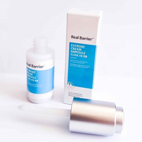 #reviews #trymereviewme REAL BARRIER Cream Ampoule ...A highly concentrated ampoule formulated with 10,000 ppm. Ceramide to strongly strengthen a weakened skin barrier.  Infused with vitamin B5 to calm and protect dry and sensitive skin. Enriched with 10,000 ppm panthenol, madecassoside, allantoin to effectively soothe skin irritation...💦TEXTURE AND SCENT:  The texture like milk absorbs quickly without leaving a sticky residue.  The fragrance is soft and doesn't irritate my nose....📦PACKAGING: Stored in a beautiful bottle-shaped container with white and blue colors, equipped with a unique bottle pipette.  With a content of 30 ml.  I love the ampoules from 😍...HOW TO USE:  After cleansing my face and drying, I use after using toner and essence, remove the pipette from the bottle and apply what is left in the applicator to the face.  Repeat if necessary.  Pat to spread.  Can be used with favorite moisturizers to maximize the benefits of hydration.  I use this morning and night, 1 to 2 pumps already enough to hydrate my skin... 🍁Review: Highly concentrated limiting cream ampoules enriched with barrier creams from Extreme Cream.  This moisturizing cream ampoule contains high concentration ingredients that help strengthen skin barriers including Ceramide and Panthenol, to build healthy skin barriers.  In my opinion this ampoule cream is great for dry skin users because it contains 5 different forms of Hyaluronic Acid (Hyaluronic Acid, Hydrolyzed Glycosaminoglycans, Sodium Hyaluronate Crosspolymer, Sodium Hyaluronate and Hydalurly Hyaluronic Acid). For my combination, the combination is not suitable to make oil, but it moisturizes the whole day.  Attention: all the writing that I make is the result of my experience using a product.  The results depend on each person.  Don't rely on my experience.  You could be different from my interpretation.  thank you  How about you?  Attracted to try it ???..🌟: 4.7/5.*Gifted
