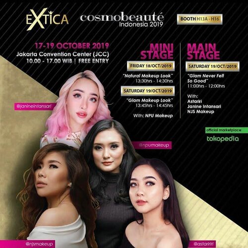 Siapa yg ke @cosmobeauteindonesia tahun ini? 😘

Ini tahun kedua aku datang, kali ini aku datang di hari pertama yaitu BESOK!! Meet me at @extica.id booth jam 11.00 WIB yaa 😍

Berikut info lengkapnya yaa 💕

Sekarang waktunya buat kamu menjadi fabulous. @extica.id akan ada di @cosmobeauteindonesia 2019 dan kita akan ngajak beauty icons yang akan berbagi rahasia fabulous ala mereka dan @extica.id. Yuk datang dan yang pasti FREE ENTRANCE loh 🤗

Ada giveaway juga untuk 10 orang yang datang untuk menghadiri acara kami, caranya gampang banget, check di IG @extica.id ya 💕

Bakal ada myluv @janineintansari @astaririri @njsmakeup dan @npumakeup akan memberikan talkshow, demo makeup dan meet n greet untuk kalian semua  Fabulous never felt so good! 😍

#extica #indonesia #exticaindonesia #beauty #makeup #exhibition #eyeliner #lipstick #eyeshadow #cosmobeaute #cosmobeauteindonesia #event #eventjakarta #MUA #widlimjalan #Clozetteid #jakartabeautyblogger #beautybloggerjakarta #beautybloggerbandung #bandungbeautyblogger