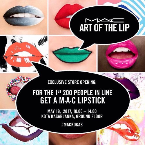 Mau dapat lipstick dari M•A•C? Tersedia 200 lipstick GRATIS khusus buat kamu. Datang ke opening M•A•C di Kota Kasablanka tanggal 19 May 2017, jam 10 pagi sampai jam 2 siang! Don't miss it! #MACKokas