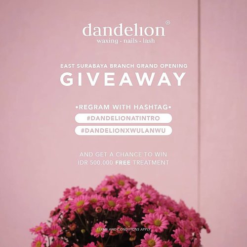 It’s @dandelionwaxingid at @intro_id Grand Opening GIVEAWAAAAYYYY! Getting nails, lashes and waxing done is now closer and easier than you think!.Join me in this GIVEAWAY and get a chance to WIN IDR 500,000 FREE TREATMENT!Just repost this with #DandelionAtIntro #DandelionxWulanWu, tag @dandelionwaxingid@intro_id, and also tag 3 of your friends!.T&C:• Account must follow @dandelionwaxingid @intro_id• Account must not be private• Multiple entries allowed• Last repost by May 30th 2018 at 24:00.Winners will be announced on May 31st 2018, good luck!! 😉#surabayagiveaway #giveawaysurabaya #nailartsurabaya #clozetteid