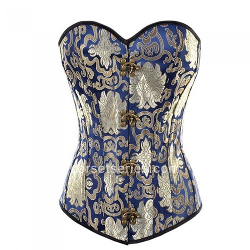 Blue with Gold and Silver Brocade Pattern Fashion Overbust Corset