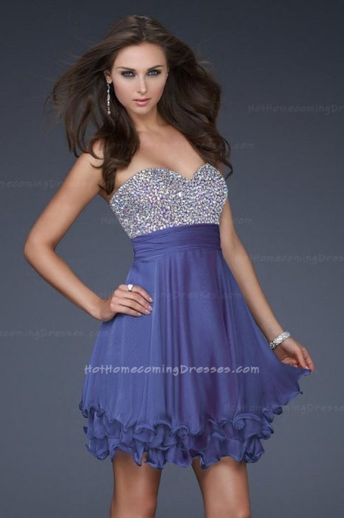 This beautiful cocktail dress is glamorous and elegant. This style is great for homecoming or a cocktail party. The neckline is sweetheart and strapless. The waistline is empire and accentuated by a ruched band. The skirt is layered in tiers, full and flowing short skirt, mini length. Size: Standard Size or Custom Made SizeClosure: Back ZipperDetails: Jeweled BodiceFabric: Chiffon, JeweledLength: ShortNeckline: StraplessWaistline: EmpireColor: PurpleTag: Purple, Short, Strapless, A-Line, Cocktail Dresses, La Femme 16541