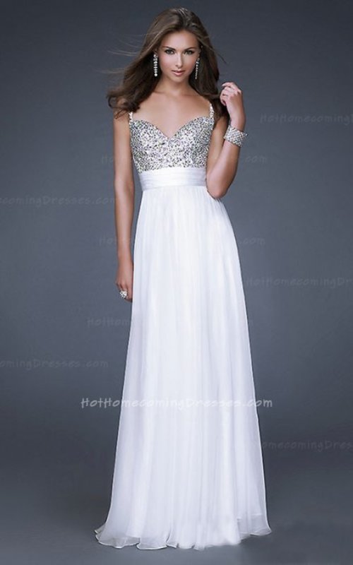 This gorgeous jeweled encrusted Dress Featuring Thin Straps, The beautiful heart-shaped bodice is encrusted with jewels, and a gorgeous chiffon A-line skirt finishes the look. If White, White, is not your color, the dress is also available in several other colors. This is just the dress for the girl who wants to look sensational at prom. This is the perfect prom or special occasion dress that will be sure to get you noticed! Ensure your special night will be one you'll never forget. Size: Standard Size or Custom Made SizeClosure: ZipperDetails: Jewel Encrusted Bodice, Layered Skirt, A-Line skirtFabric: Chiffon Length: Floor LengthNeckline: Heart-Shape, Slim StrapsWaistline: Empire WaistColor: WhiteTag: Sequin, A-line, Thin Straps, White, Long, Prom Dresses