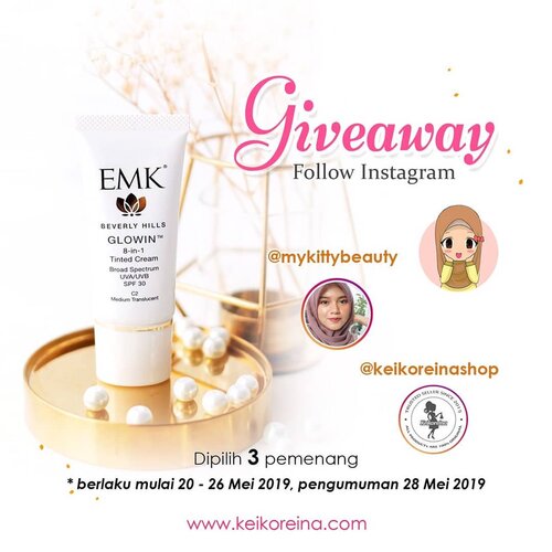 [Giveaway]..Siapa nih kemaren yang katanya mau nyobain EMK Glowing 8-in-1 Tinted Cream Broad Spectrum UVA/UVB SPF 30? Yuk merapaaatt!!!! 💕✨..Jadi aku dan @keikoreinashop mau bagi Giveaway berupa EMK Glowing Tinted dengan total hadiah IDR 1.800.000,- untuk 3 orang pemenang. Lumayan banget kan biar makin cantik pas lebaran 😍😍😍✨✨✨..Caranya?? Simpel aja yaa..1. Giveaway ini terbuka untuk follower @mykittybeauty & @keikorenashop..2. Seandainya nih, seandainya yaa kmu punya kesempatan bikin beauty brand atau ada brand yang ngajakin kamu buat collab bareng. Produk jenis apa yang akan kamu bikin, develop dan release untuk pertama kalinya. Boleh sheetmask, cleanser, serum, atau apapun. Dan jelaskan kenapa? :) .Bebas bermimpi sebesar-besarnya loh. So, lepaskanlaaahh💃💃💃 (Sapa tau ide kamu ada yang ngelirik 😍😍) Aamiin....3. Mention dan ajak 2 orang temenmu yang juga beauty enthusiast. Makin banyak makin seru!!!..4. Giveaway ini berlangsung tanggal 20-26 Mei 2019. Dan diumumkan tanggal 28 Mei 2019..5. Pss. Semakin banyak interaksi dengan aku @mykittybeauty & @keikoreinashop , maka akan semakin besar kesempatan kamu buat menang.💛..Dimulai dari sekarang yaa. Selamat berbuka puasa dear. Semoga kamu beruntung ✨✨💛💛💛....#mykittybeauty #giveaway #clozetteid #idskincarecommunity #indonesiagiveaway #skincareroutine #skincarereview #skincareaddict #giveawayindo