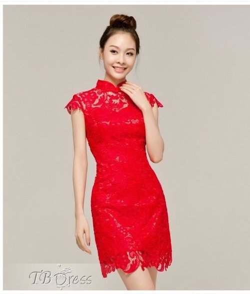 Luxurious Sheat/Column Capped Lace High-neck Chinese Style Short Party Dress : Tbdress.com