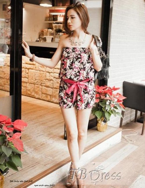 Casual Print Fresh  Blossom Fancy Korean Style Strapless Black Jumpsuits : Tbdress.com