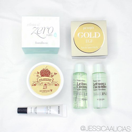 My recent purchase from @altheakorea ❤️
.
• @banilaco_official Clean It Zero Purity
• @petitfee_koelf_official_eng Gold EGF Eye & Spot Patch
• @skinfood_official Strawberry Black Sugar Mask
• @milkydress_official Wrinkle & Whitening eye cream
• @skinfood_official Lettuce & Cucumber watery toner and emulsion (these are bonus from them, thank you!)
//
I seriously love shopping with Althea, because their products is 100% guaranteed original from Korea. The shipping and payment process are really easy and pretty fast as well! 💖
Which one do you want me to review first?? 🙋🏻
.
.
.
.
#clozetteid #jessicaalicias #jessicaaliciasfaves #beautytips #stylehaul #ggrep #altheakorea #althea #skinfood #milkydress #petitfee #banilaco #beautynesia #beautybloggerid  #indonesianbeautyblogger #indonesianfemalebloggers #indonesian_blogger #bloggerceria