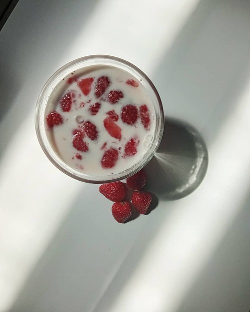 Bikin minuman ini sambil balapan sama sinar matahari yang masuk lewat jendela. Jadilah ukuran stroberinya masih gede-gede 🙈Bahannya seperti biasa semau diri sendiri, cuma susu skim sama stroberi segar dihalusin. Gak pake gula tapi tetep manis karena minumnya sambil ngaca 😜#clozetteid #strawberrymilk #strawberrylatte #koreanstrawberrymilk #koreanstrawberrylatte #strawberry #milk #latte