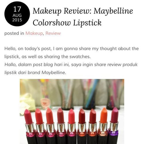 ‼️New Blogpost Alert‼️
It's been hectic lately; therefore I haven't updated my blog for a while, but a New #blogpost on @maybellineina Color Show Lipstick Review & #swatches is now up on my blog! 🎉 link is on Bio ☺️✨💕 #jovial #maybelline #colorshow #maybellinecolorshow #lipstick #makeupreview #clozetteid #makeup #