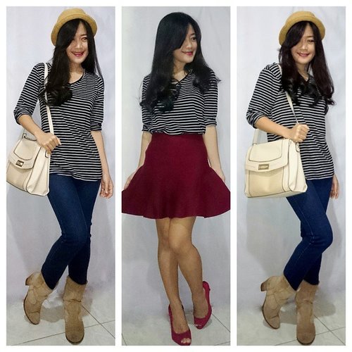 My own style when I wear stripey comfy V fleck top by @woodcloset_store \o/
One top, 2 style~
@clozetteID #clozetteID #aboutalook #fashion #stripe #skirt #jeans #boots #hat #ootd #style
