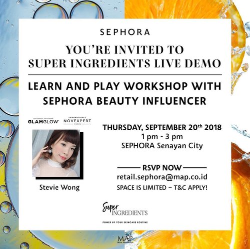 QUICK #GIVEAWAY Alert 🚨!! woohooo~ Sephora together with @novexpertofficiel Invites you to learn more about the #SephoraSuperIngredients 🍊❤️ I have 10 invitations especially for you guys who’d like to learn and find out more about Novexpert Vitamin C and hyaluronic acid super ingredients that are available in their products. Join us at the live event demo. Wanna know how? Make sure to follow the easy steps below⬇️. . . How to join ?- Comment in this photo why you’d like to join this event and which super ingredients is your favorite Hyaluronic acid or Vitamin C 🍊.- Follow Me @steviiewong and @sephoraidn . - tag your friends who love skincare too Use hashtag #SEPHORASuperIngredients #sephoraidnxnovexpertofficiel #sephoraidnxnovexpert .😊😊😊. -Those who are chosen should be able to attend the event on Thursday 20 September 2018 at @sephoraidn @senayan 1-3 pm. . What will you get ? - GOODIES from @novexpertofficiel & we’ll get to learn more about the powerful super ingredients and its benefit for our skin ❤️❤️!! 🎉🎉 . . . 🎉🎉 10 Winners will be announced on Wednesday, 19 sept 2018, 5pm!! On my IG story and this post. For the winners please confirm your attendance before 8 pm . Can’t wait to see you guys! ...#collabwithstevie #clozetteid #tampilcantik #giveawayindo #style #makeup #beauty