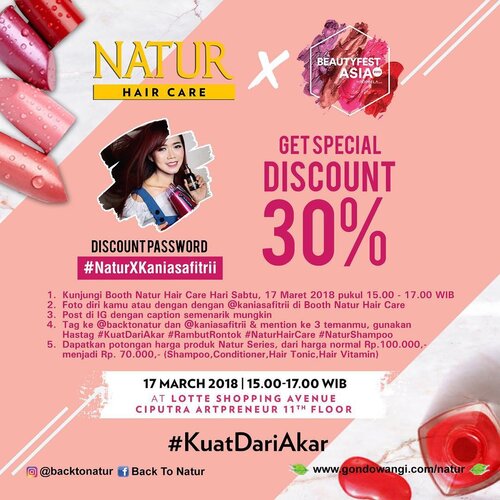 Wohoo... who's coming to @beautyfest.asia 2018 this weekend? Hari Sabtu, 17 Maret 2018, pukul 15.00 - 17.00 aku akan ada di booth @backtonatur pastinya akan ada banyak promo menarik serta spesial discount 30% dan masih banyak keseruan lainnya. .So... make sure to come! .Fot more details check @backtonatur yaa... .See you there 😘😘😘.#beautyfestasia2018 #backtonatur #kuatdariakat #rambutrontok #naturhaircare #naturshampoo #clozetteid #beautyfest