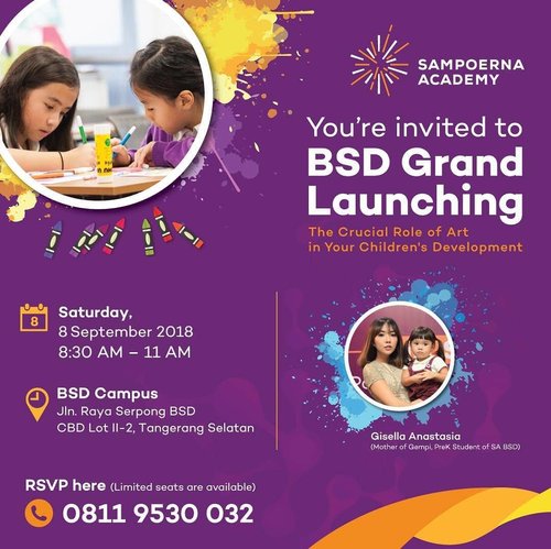 Yuhu... Can't wait for this weekend to attending @sampoerna.academy Grand Launching @sampoerna.academy.bsd BSD With the theme The Crucial Role of Art in Your Children’s Development.
.
In fact, intelligence in art in every child is already there, how to develop it? Let's join this event to find out ya mom...
Next I will share the excitement of the grand launching event. For more information please contact the contact person at this flyer.
.
#SampoernaAcademy
#WhySampoernaAcademy
#STEAMeducation
#InternationalSchool
#Clozetteid