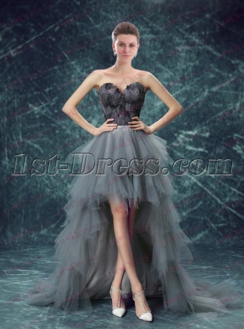 
Unique Silver High Low Black Feather Prom Dress