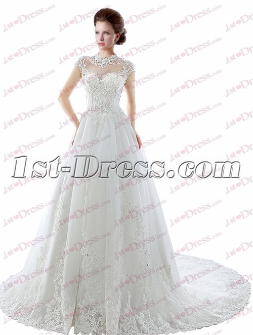Illusion Back Lace Wedding Dress with Cap Sleeves
