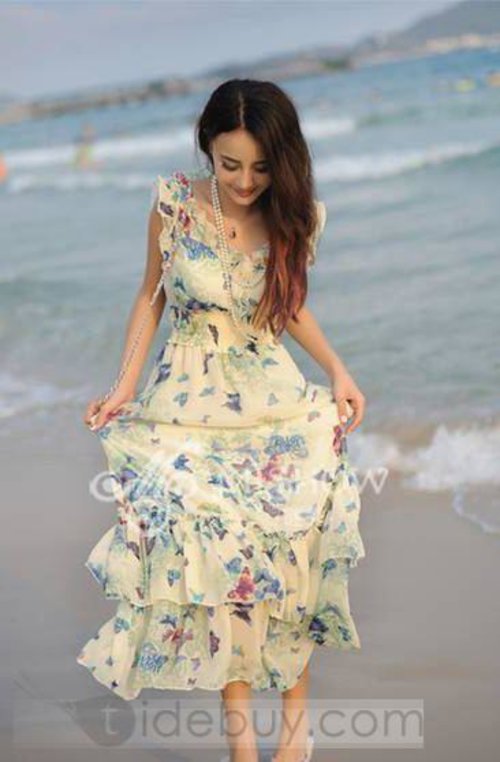 New Fashion Falbala Maxi Laciness Chiffon Beach Dress : Tidebuy.com