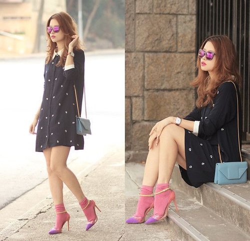 look book : People By People Purple Sunnies, Pixie Market Moon & Star Print Dress, The Layers Hot Pink Glitter Socks, Gianvito Rossi Multi Color Heels