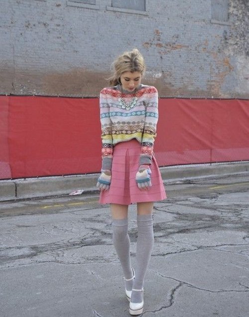 look book : Gap Fair Isle Sweater, Nordstrom Pink Circle Skirt, Urban Outfitters Thigh High Socks 